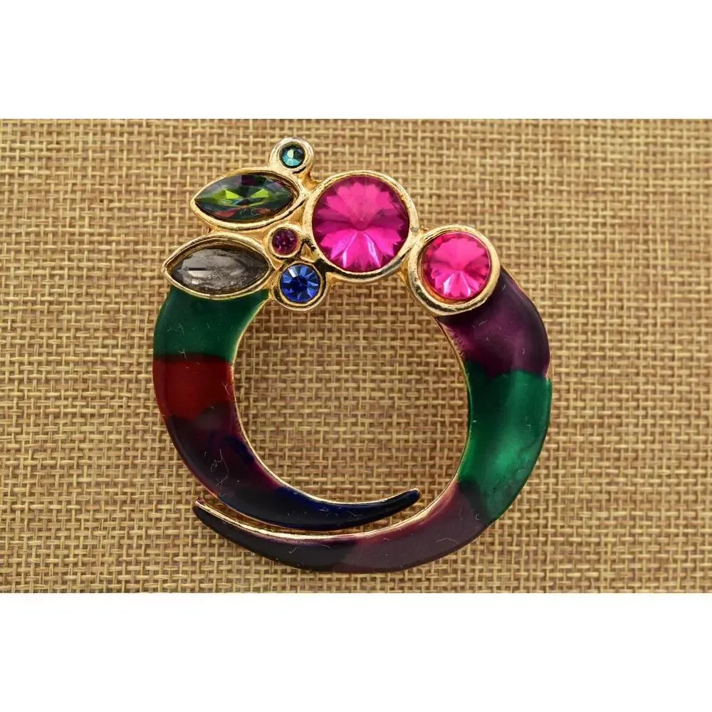 ECD Vintage Crystal Brooch Pin Multi-Color Enamel Gold Chunky 1980s Signed BinBG